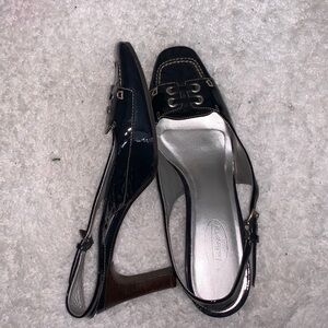 Talbots Blue Patent Laced Slingback Wood Heel